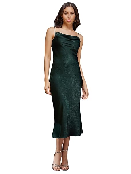 FableStreet Satin Cowl Neck Slip Dress - Olive