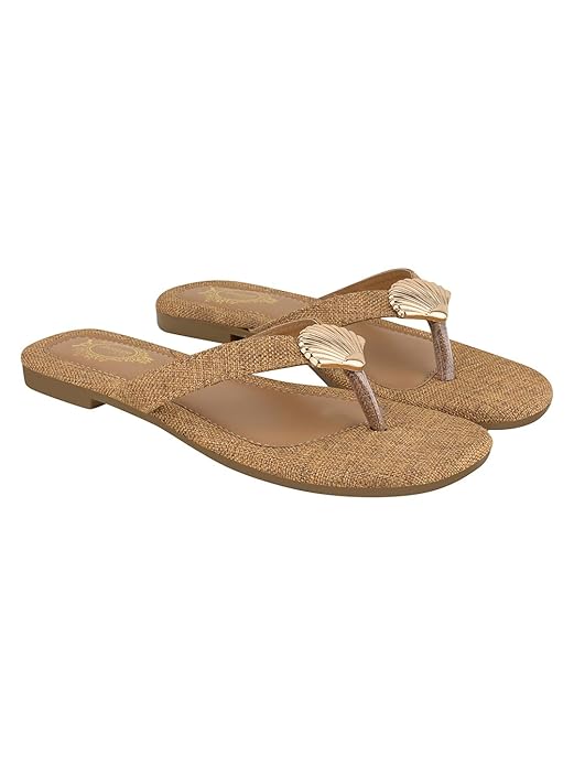 Shoetopia Women's Chic Shell-Embellished T-Strap Flat Sandals – Elegant Metallic Gold Summer Slides