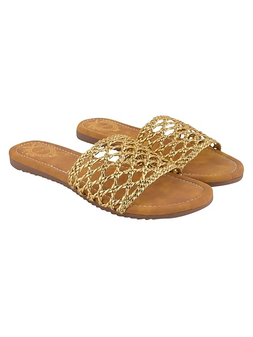 Shoetopia Women's Toned Metallic Braided Strap Flat Slides