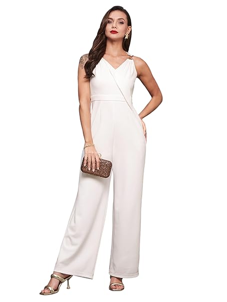 Miss Chase Women's Wine V-Neck Sleeveless Solid Wrap Regular Jumpsuit