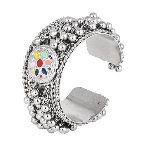 I Jewels Navratri Ethnic Silver Oxidised Afghani Ghungroo with Colorful Design Adjustable Cuff Kada Bracelet For Women (ADB520OX)