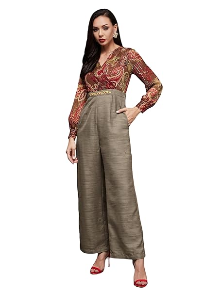 Miss Chase Women's V-Neck Bishop Sleeve Bohemian Patterned Straight Leg Wrap Regular Jumpsuit with Pockets