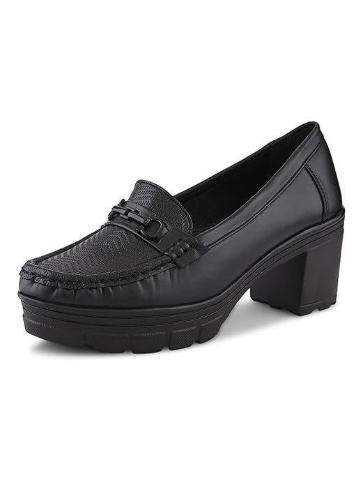 XE Looks Women’s Block Heel Platform Loafers with Metal Bit Detail | Textured Upper | Soft Cushioned Insole | Comfortable Office & Formal Shoes for Girls & Women