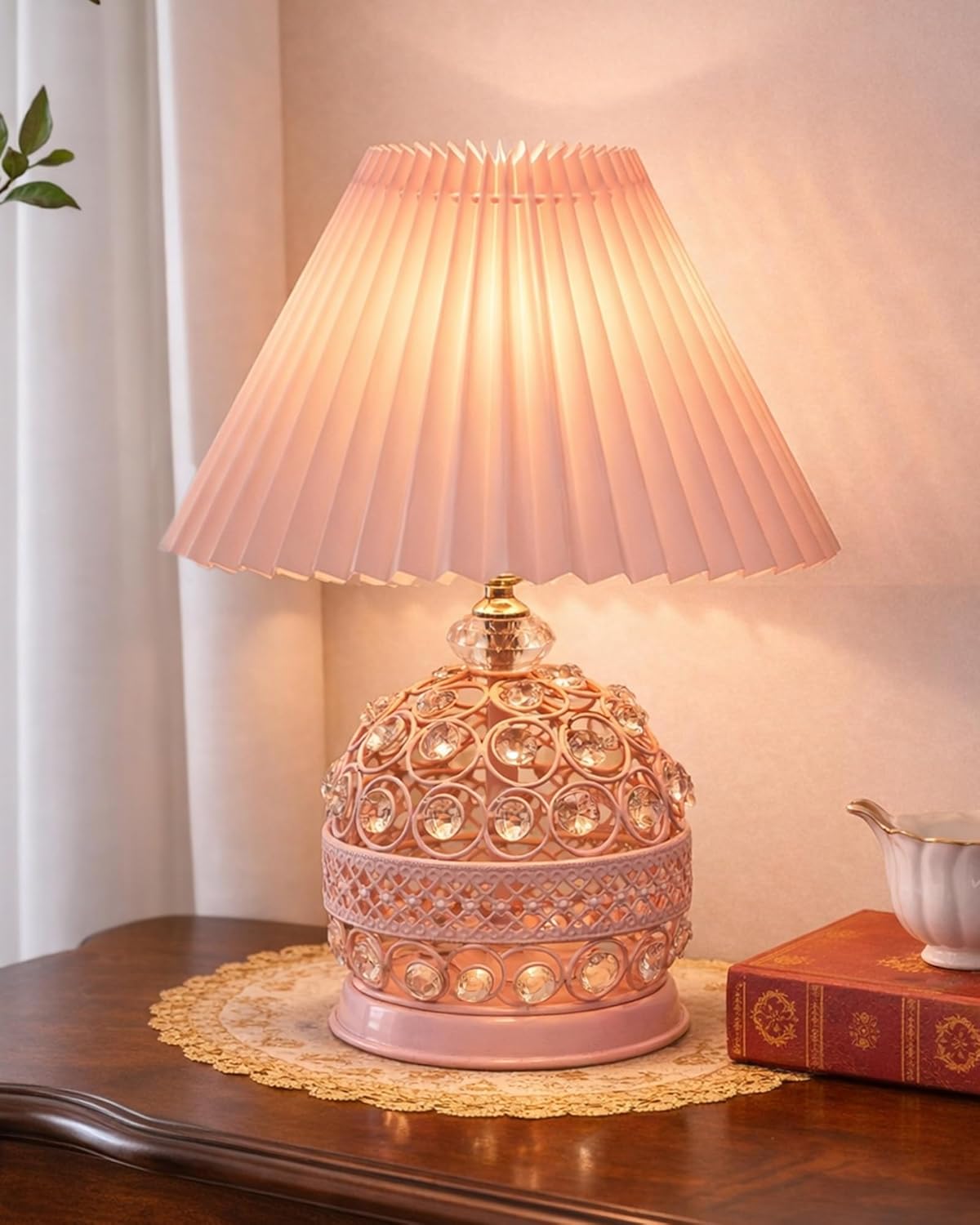 Homesake® Modern Small Crystal Table Lamp, Contemporary Bedroom Bedside Nightstand Lamp, Morden Minimalist, Desk Globe Lamp for Living Room Girls Kids Room, Fabric Shade (Pink)