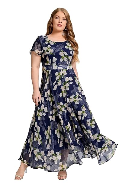 Shasmi Women's Navy Blue Georgette Digital Floral Printed Floral Printing Short Sleeve A-Line Maxi Gown Dress for Women (Gown Dress 248)