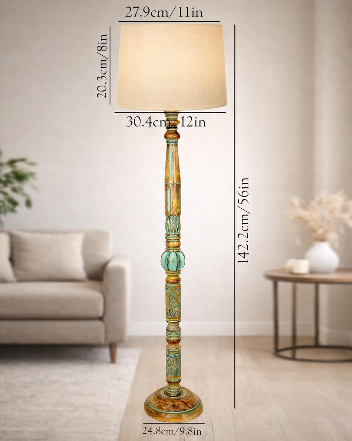 Homesake® Rustic Wood Floor Lamp for Living Room Walnut Brown with Multicolor Fabric Lamp Shade | Light Decoration for Home Side Lamp for Living Room | Antique Floor Light, Candlestick, Jute