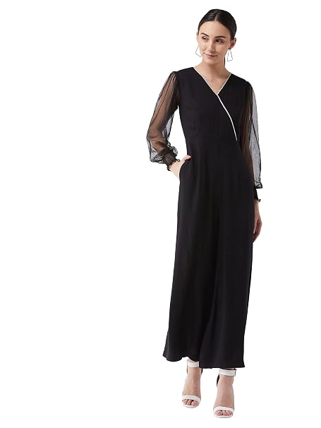 Miss Chase Women's Black Solid Relaxed Fit Long Sleeve V-Neck Ankle-Length Straight Jumpsuit