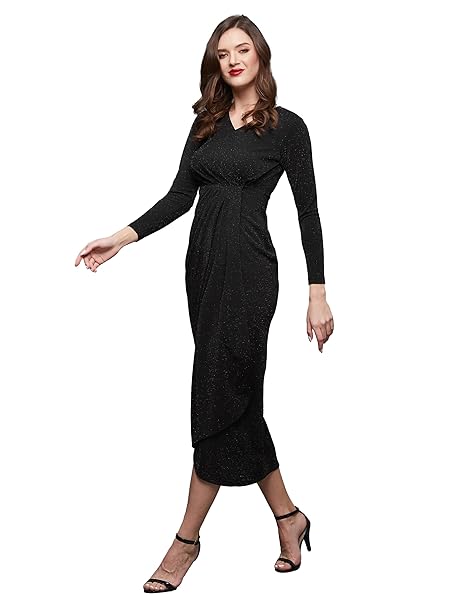 Miss Chase Women's V-Neck Full Sleeve Self Design Wrap Polyester Midi Dress