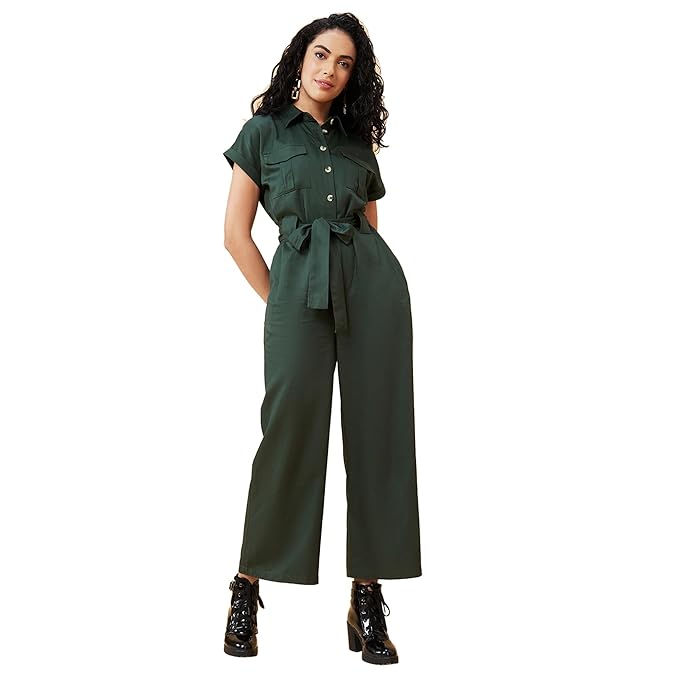 Globus Women Olive Solid Shirt Collar Jumpsuit with Waist Tie-Up-3638458001