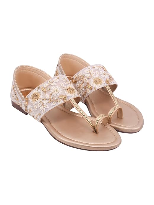 Shoetopia Women’s Ethnic Embroidered Toe Ring Sandals – Floral Designer Flat Slip-On Kolhapuri Style Festive, Casual & Dressy Summer Footwear