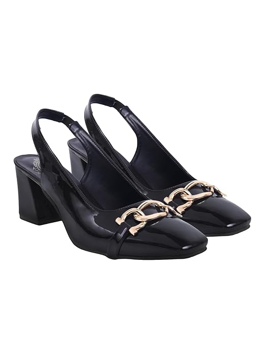 Shoetopia Women’s Patent Slingback Heels | Square Toe Block Heel Sandals with Golden Chain Detail | Stylish Dress Shoes for Office & Party Footwear