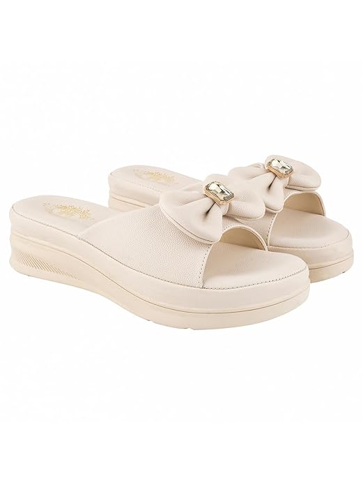 Shoetopia Women's Slip-On Wedge Sandals | Comfortable Daily Slippers with Bow & Stone Detail | Lightweight Casual Fashion Footwear