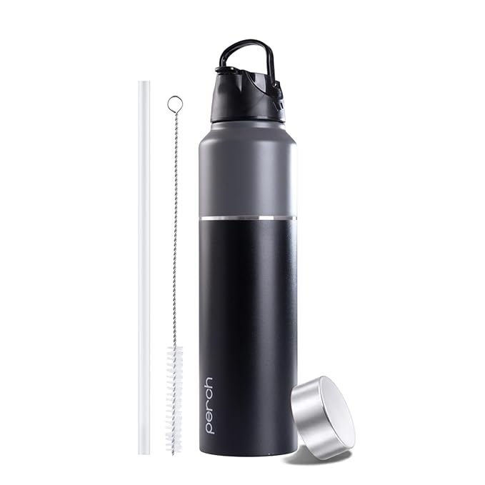 Perch Magic ISI Certified Stainless Steel Water Bottle 1 Ltr | With Dual Cap and Straw Cleaner | Single-Wall Fridge Bottle | BPA Free | Compact & Easy to Carry |For Travel, Gym, School - Black & Grey
