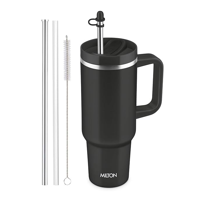MILTON Malmo 1200 Thermosteel Double Wall Vacuum Insulated Stainless Steel Water Tumbler with Handle 1100ml,Travel Mug with Straw,Silicon Cap,Cleaning Brush,Hot & Cold Beverage Flask,Jet Black