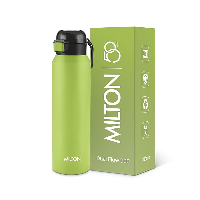 Milton Dual Flow 900 Thermosteel Water Bottle 900 ml with One Touch Safety Lock & Twin Lid Sip or Gulp,Long Hours Hot & Cold,Leak Proof,ISI Certified,Vacuum Insulated,for Office,Gym,School,Neon Green