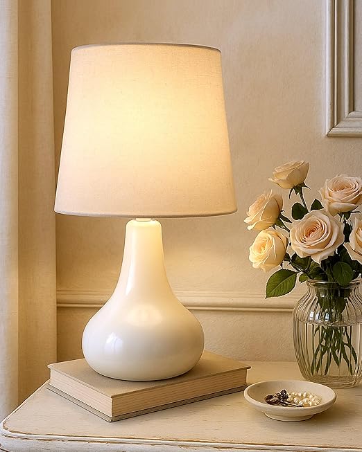 Homesake® Modern Small Ceramic Table Lamp, Warm Light Classic Bedside Desk Lamp for Living Room Bedroom Dining, Restaurant, Farmhouse Nightstand Study Lamps with Fabric Shade (White)