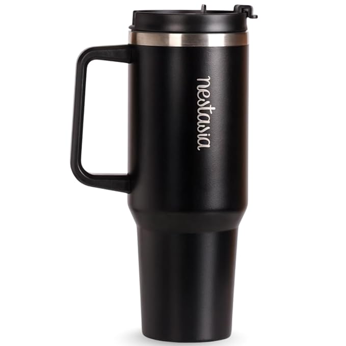 Nestasia GripSip40 Tumbler with Straw & Side Handle 1.2L | Insulated Stainless Steel Sipper Water Bottle for Adults with Dual Flip Opening Sip-Swig Leakproof Lid for Office & Gym (Black Noir)