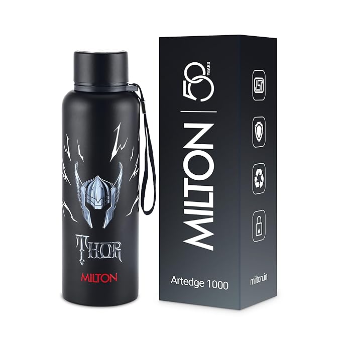 Milton Artedge 1000 Thermosteel ISI Certified Water Bottle, 1000 ml Stainless Steel, 24 Hr Hot and Cold I Leak Proof, Vacuum Insulation, for Office, School, Gym, Black Thor