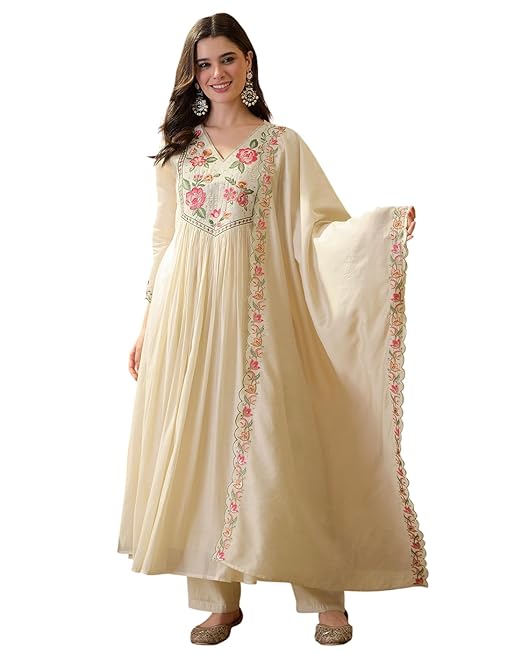 Amazon Brand - Tavasya Women Mal Chanderi Zari Sequin Thread EmbroideKurta Set with Pant and Dupatta for Elegant Wear