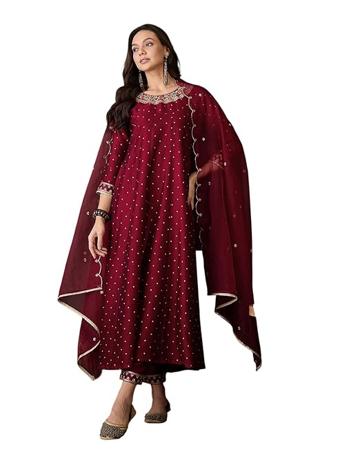 Amazon Brand - Tavasya Women Silk Blend Zari Sequence Embroidered Kurta with Pant and Dupatta | Salwar Suit