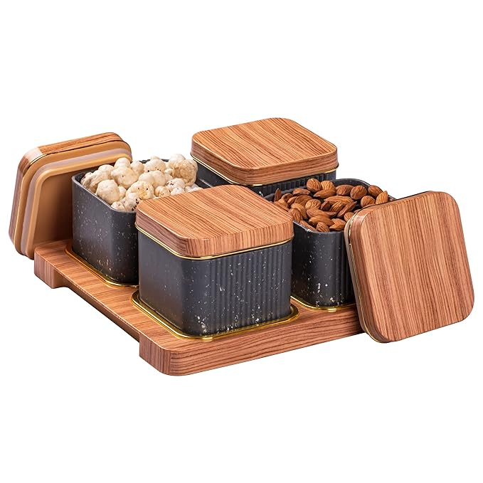 Selvel Airtight Dry Fruit Container Tray Set with Lid & Serving Tray, Dry Fruit Box Set with Serving Tray for Serving Sweets, Chips, Cookies Other Snacks (4 Pieces, White, polypropylene) (Grey)