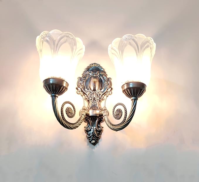 SINOMAN Wall Lights for Home Decoration | Classic Antique Wall Sconce with Dual Glass Lamps | Elegant 2-Light Decorative Wall Fixture for Living Room & Bedroom | Vintage Metal Wall Light (with Bulb)