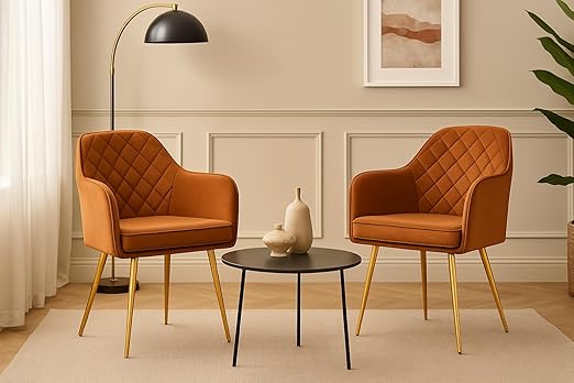 Barfi Velvet Dining Chair | Set of 2 Premium Modern Upholstered Accent Chair with Armrest, Padded Seat and Metal Legs | Comfy Chair for Home, Office & Restaurents | (Light Brown)