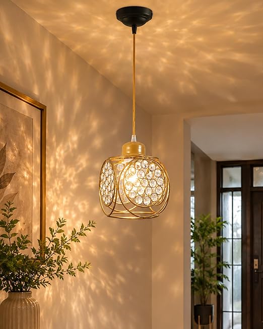 Homesake® Crystal Pendant Light for Ceiling, Modern Hanging Lamp for Living Room, Bedroom, Dining Room, Decorative Ceiling Light, Pendant Hanging Light, Kitchen Island Lamp, Ring Cube, (Golden)