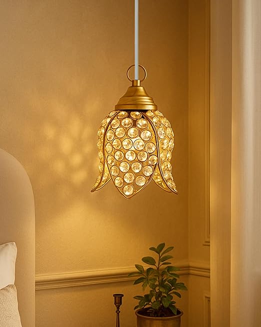 Homesake Crystal Pendant Light | Modern LED Ceiling Fixture | Chandelier Style | Warm White | Stylish Interior Lighting | Living Room, Bedroom, Dining Room Light | Contemporary Home Decor (Golden)