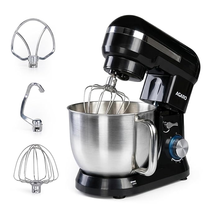 AGARO Royal Stand Mixer, Dough Maker Machine, 1000W Atta Maker, 100% Copper Motor, 5L SS Bowl, 8 Speed + Pulse Function, Includes Whisker, Beater & Dough Hook & Splash Guard, 2 Years Warranty, Black