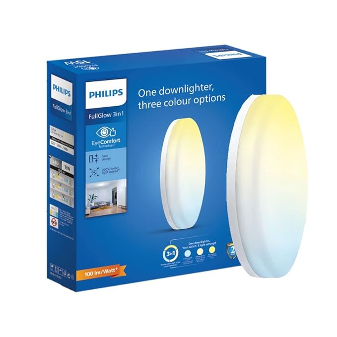Philips Full Glow 15-watt Round LED Surface Downlighter | 3 Colors in 1 Rimless LED Downlighter | LED Ceiling Light for Home | Color: Tunable White, Pack of 1-Polycarbonate