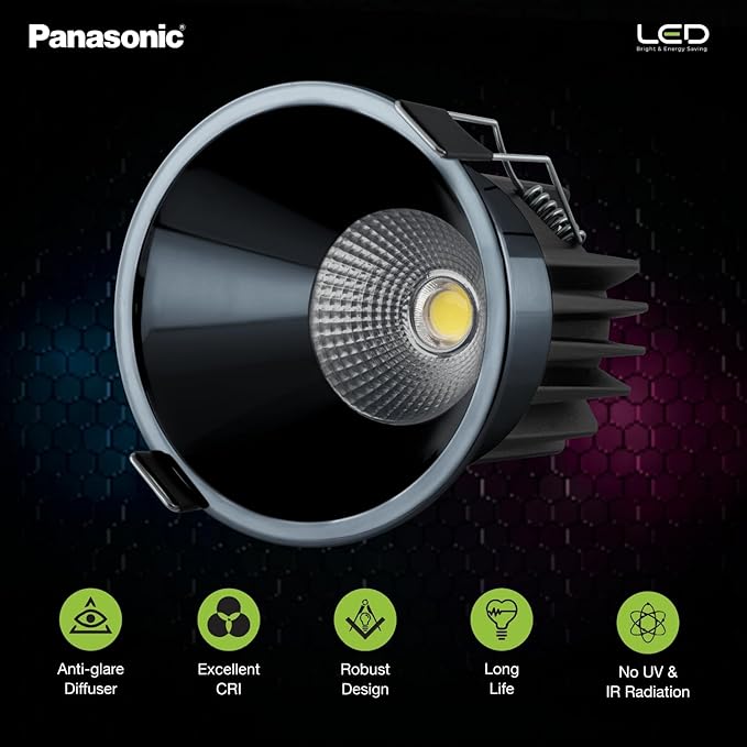 Panasonic 7 Watt Deep Recessed COB False Ceiling Light, Recessed Downlight for Home, Shop, Museum, Restaurant with 56mm Cutout, Gun Black Reflector COB Light, Warm White Light (PDLM44073) Visit the Panasonic Store