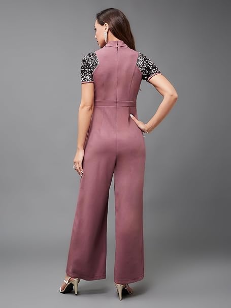 Miss Chase Women's Halter Neck Sleeveless Solid Wide Leg Sequin Paneled Regular Length Jumpsuit