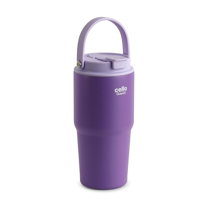 CELLO Quench Go 600 Insulated Stainless Steel Sipper Tumbler with Straw for Daily Use & Travel 600 ml Purple | Double Wall Vacuum Insulated Hot & Cold Leakproof Stainless Steel Mug Tumbler for Office
