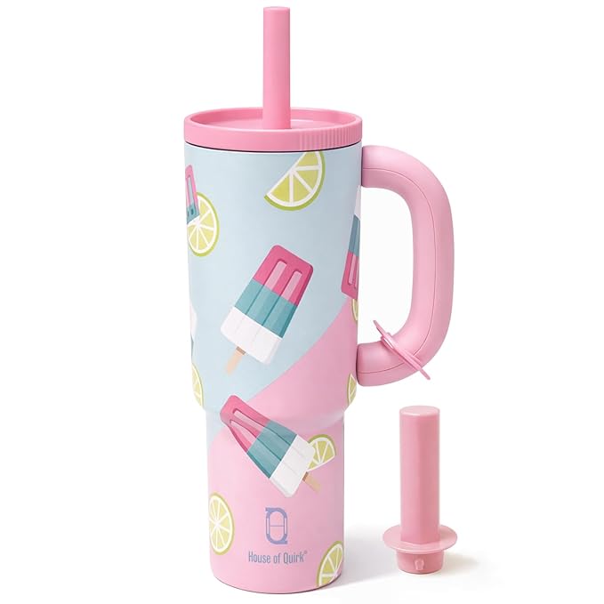 House of Quirk 1200ml Stainless Steel Tumbler with Handle, Straw & Straw Cap | Leakproof Water Bottle | Large Capacity Travel Mug (Berry Ice)