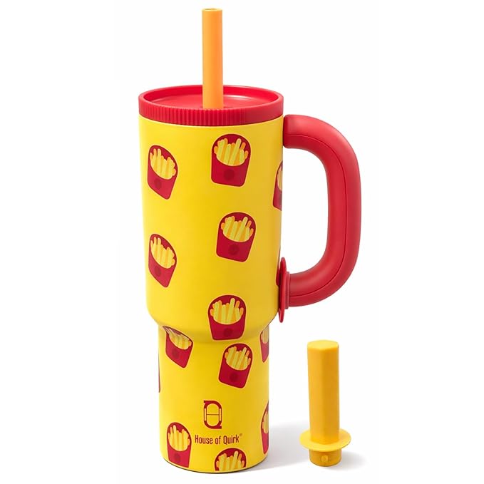 House of Quirk 1200ml Stainless Steel Tumbler with Handle, Straw & Straw Cap | Leakproof Water Bottle | Large Capacity Travel Mug (Hot Fries)