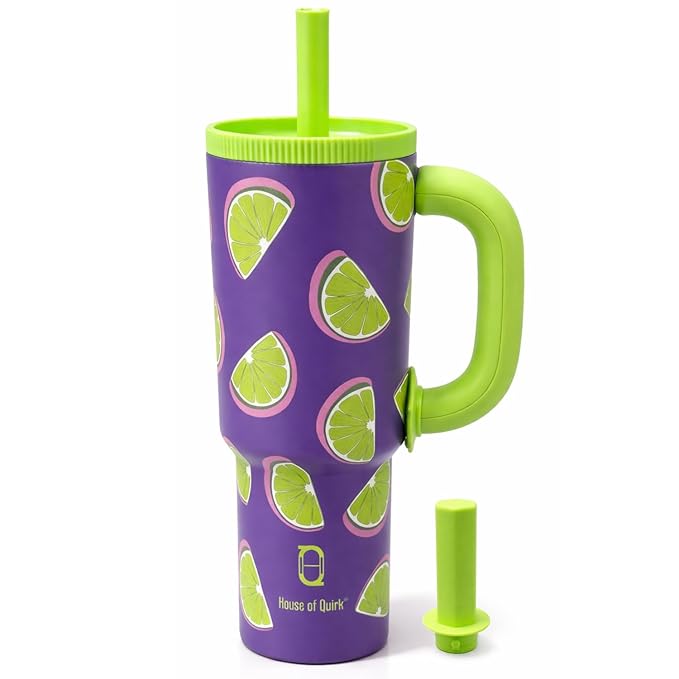 House of Quirk 1200ml Stainless Steel Tumbler with Handle, Straw & Straw Cap | Leakproof Water Bottle | Large Capacity Travel Mug (Lime Pop)
