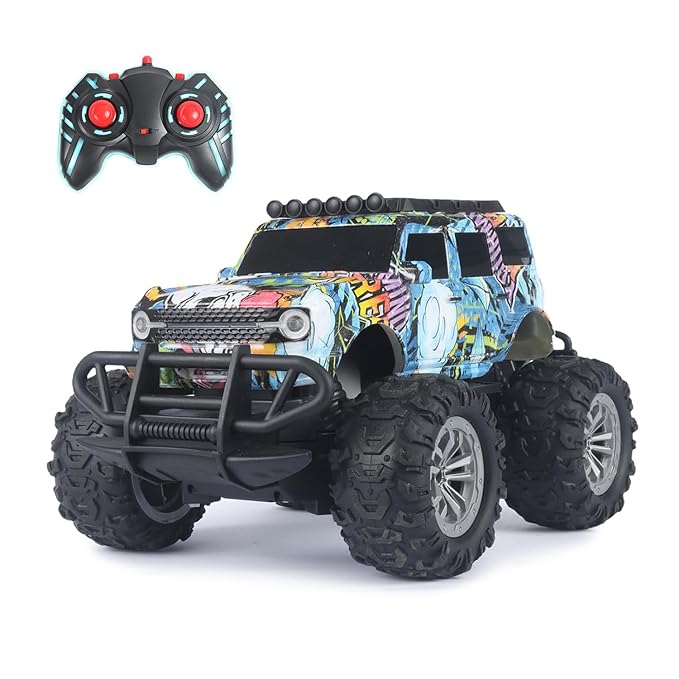 Amazon Brand - Jam & Honey Off Roader Rechargeable Remote Control Car | RC Car Monster Truck |4 Headlight Modes | in-Built Lithium Battery | C-Type Charging | Made in India - Graffiti Blue