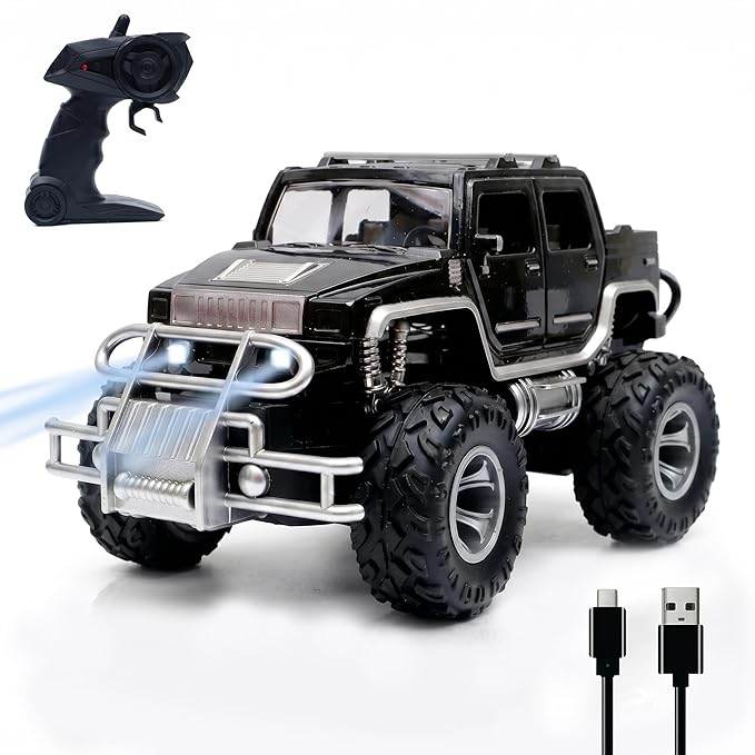 Amazon Brand - Jam & Honey Off Roader Rechargeable Remote Control Car | RC Monster Truck with LED Headlights, Type-C Charging, Anti-Skid Tyres, 120 Ft Range | 2.4GHz Remote Controller - Black (MT507)
