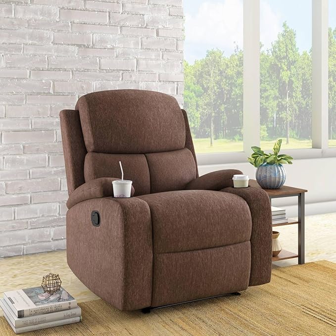 Nilkamal Matt 1 Seater Fabric Manual Recliner with Cup Holder (Cocoa) | 1 Year Warranty | Self Assembly