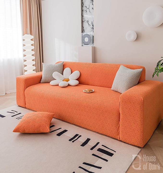 House of Quirk Universal Triple Seater 220 GSM Jacquard Grain Texture Fabric Sofa Cover Soft Touching Cover for Couch Flexible Stretch Sofa Slipcover (Orange, 190-230cm)
