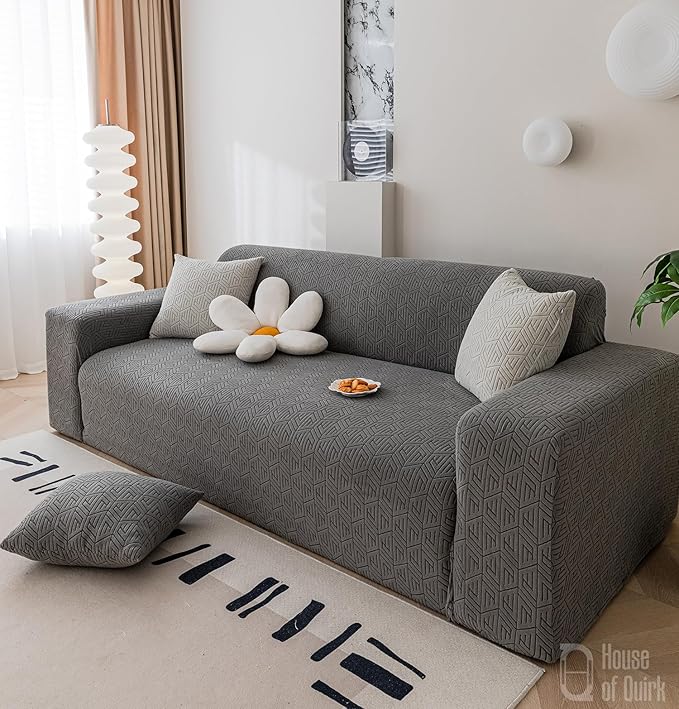 House of Quirk Universal Triple Seater 220 GSM Jacquard Grain Texture Fabric Sofa Cover Soft Touching Cover for Couch Flexible Stretch Sofa Slipcover (Charcoal, 190-230cm)