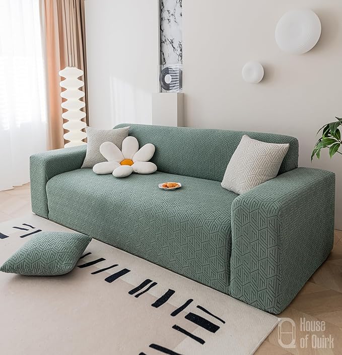 House of Quirk Universal Triple Seater 220 GSM Jacquard Grain Texture Fabric Sofa Cover Soft Touching Cover for Couch Flexible Stretch Sofa Slipcover (Green, 190-230cm)