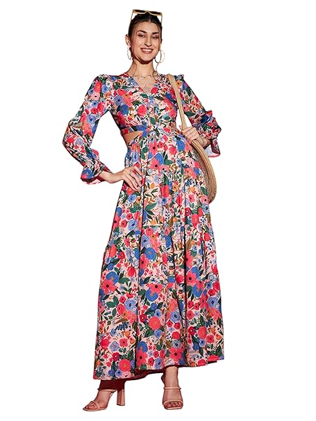 SASSAFRAS Women's Ethnic Motif Floral Print Maxi Dress | V-Neck Long Puff Sleeve Flared A-Line Dress with Cut-Out Detail