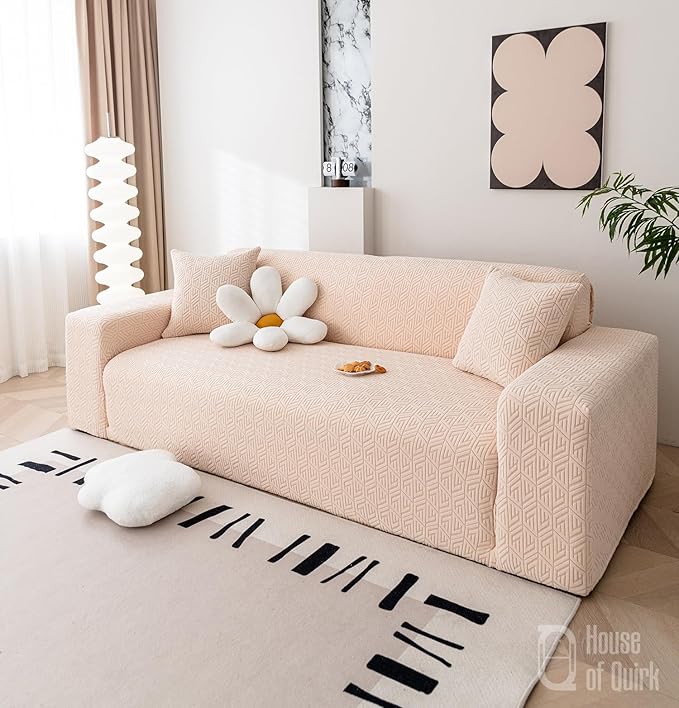 House of Quirk Universal Triple Seater 220 GSM Jacquard Grain Texture Fabric Sofa Cover Soft Touching Cover for Couch Flexible Stretch Sofa Slipcover (Beige, 190-230cm)