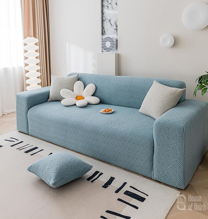 House of Quirk Universal Triple Seater 220 GSM Jacquard Grain Texture Fabric Sofa Cover Soft Touching Cover for Couch Flexible Stretch Sofa Slipcover (Light Blue, 190-230cm)