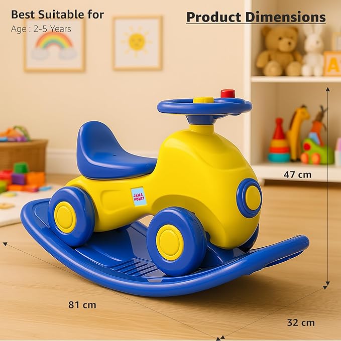 Amazon Brand - Jam & Honey 3-in-1 Ride-On Rocker for Kids | Rocker & Ride-On Toy | Balance Board | Smooth Rounded Edges | Steering Wheel| Indoor Toy | for 18+ Months (Yellow & Blue)