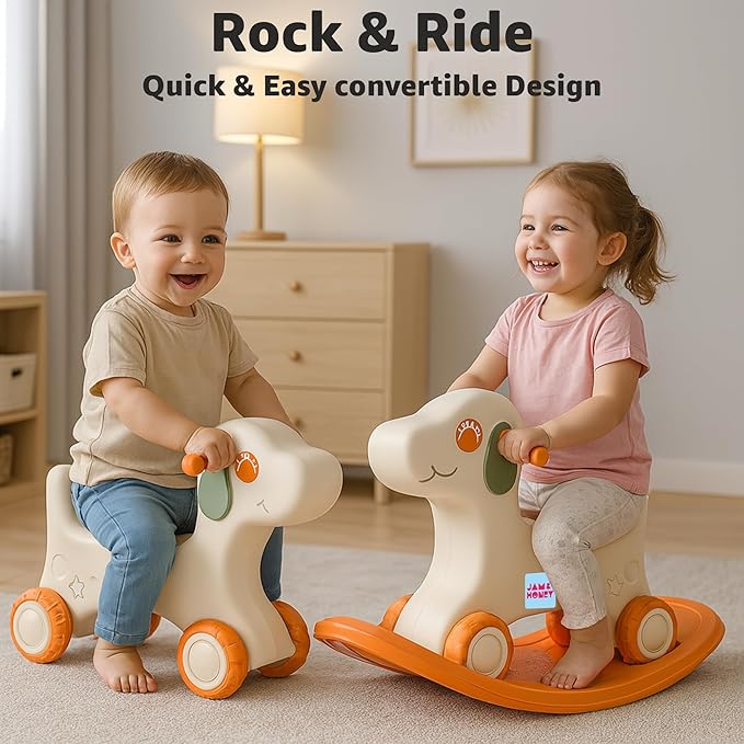 Amazon Brand - Jam & Honey 3-in-1 Puppy Push On Ride On Rocker for Kids | Balancing Board | Backrest | Easy Grip | Four Wheel | Durable and Safe | Lightweight | Animal Theme | 12 Months+ | Orange