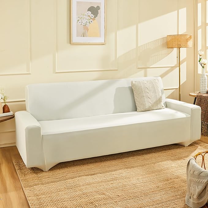 Amazon Brand - Solimo Polyester Spandex Stretchable Sofa Slipcover (3 Seater, Cream)