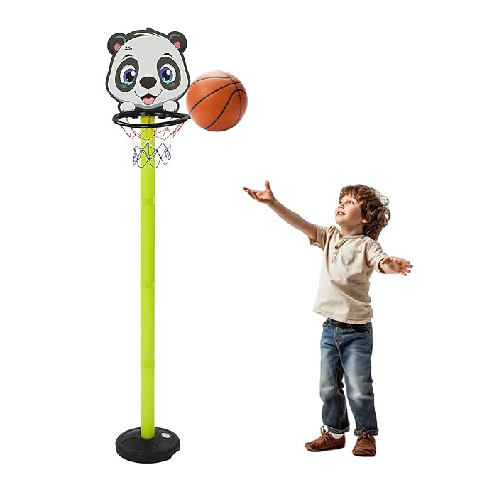 Amazon Brand - Jam & Honey Kids Basketball Hoop Set 3+ Years, Panda-Themed Height Adjustable Stand with Ball, Indoor Outdoor Sports Toy, BIS Certified Child Safe for Boys & Girls